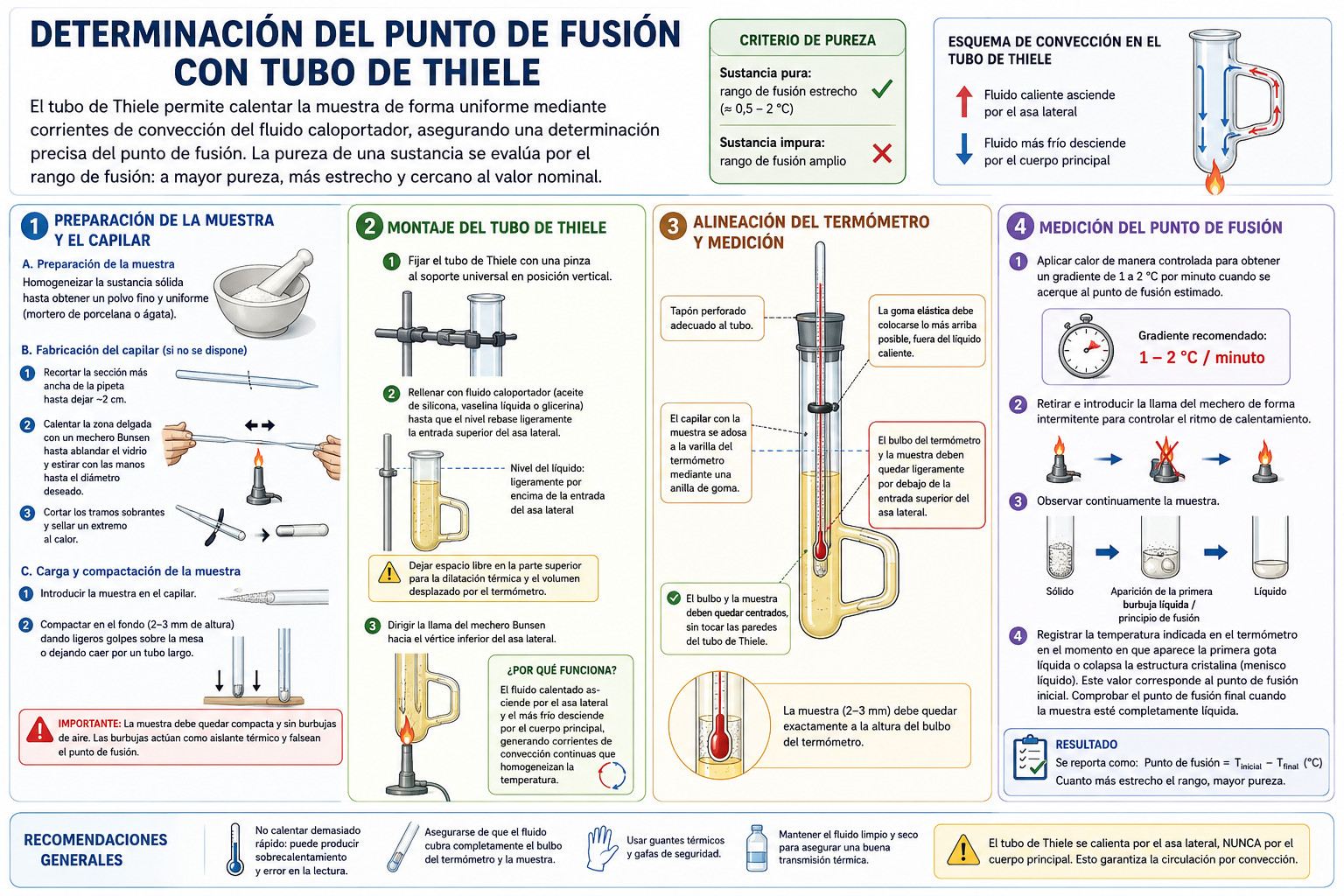 Gráfico resumen para el método clásico: cómo determinar el punto de fusión con Tubo Thiele y termómetro